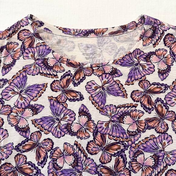 J.Jill Pima Slub Scoop Neck Side Slit Tee Women's Sz XL Purple Pink Butterflies - Picture 4 of 12